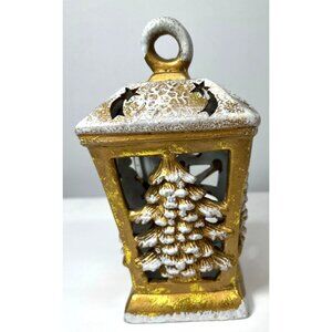 Vintage Gold & White Christmas Lantern With Tree Cutout Design Tea Light
